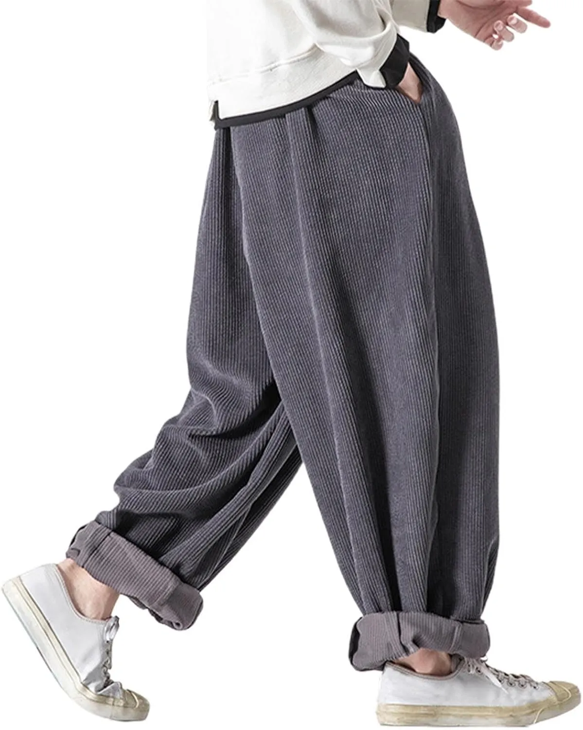Men's Retro Corduroy Pants Elastic Waist Drawstring Baggy Harem Pants Stretch Fit Plus Size Bloomers Slacks with Pockets