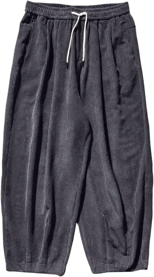 Men's Retro Corduroy Pants Elastic Waist Drawstring Baggy Harem Pants Stretch Fit Plus Size Bloomers Slacks with Pockets