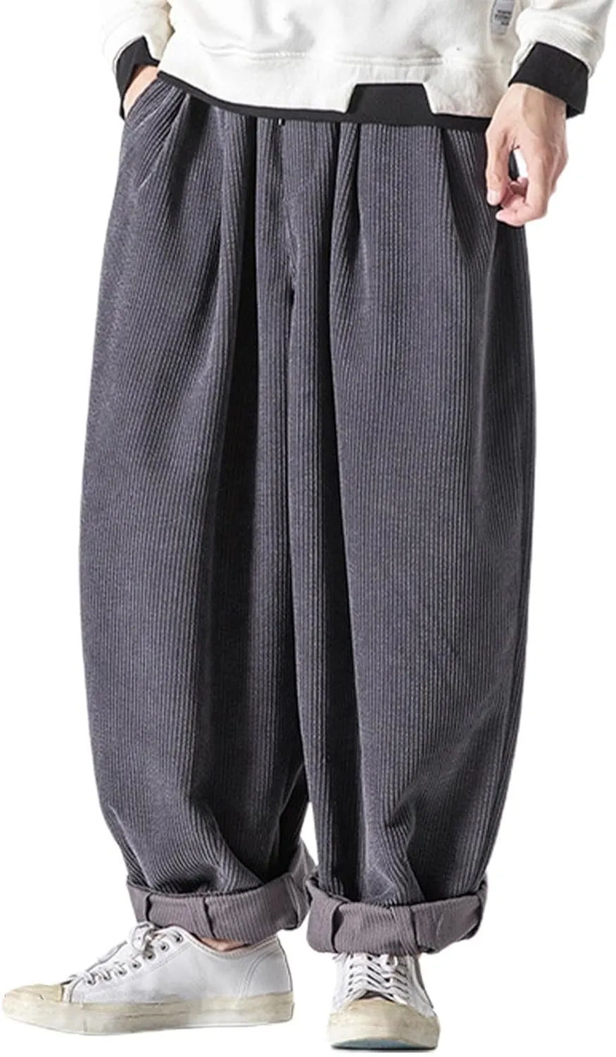 Men's Retro Corduroy Pants Elastic Waist Drawstring Baggy Harem Pants Stretch Fit Plus Size Bloomers Slacks with Pockets