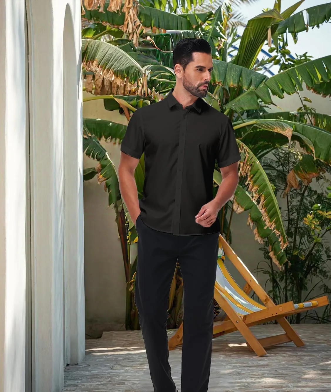 Mens Short Sleeve Dress Shirts Stretch Button Down Wrinkle Free Casual Solid Formal Shirt for Summer Business Wedding