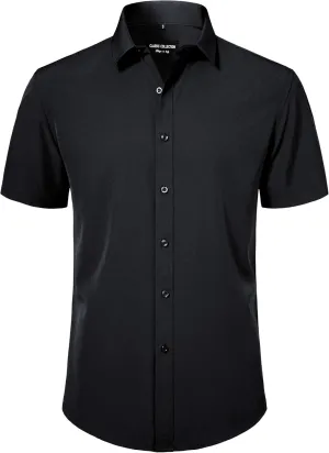 Mens Short Sleeve Dress Shirts Stretch Button Down Wrinkle Free Casual Solid Formal Shirt for Summer Business Wedding