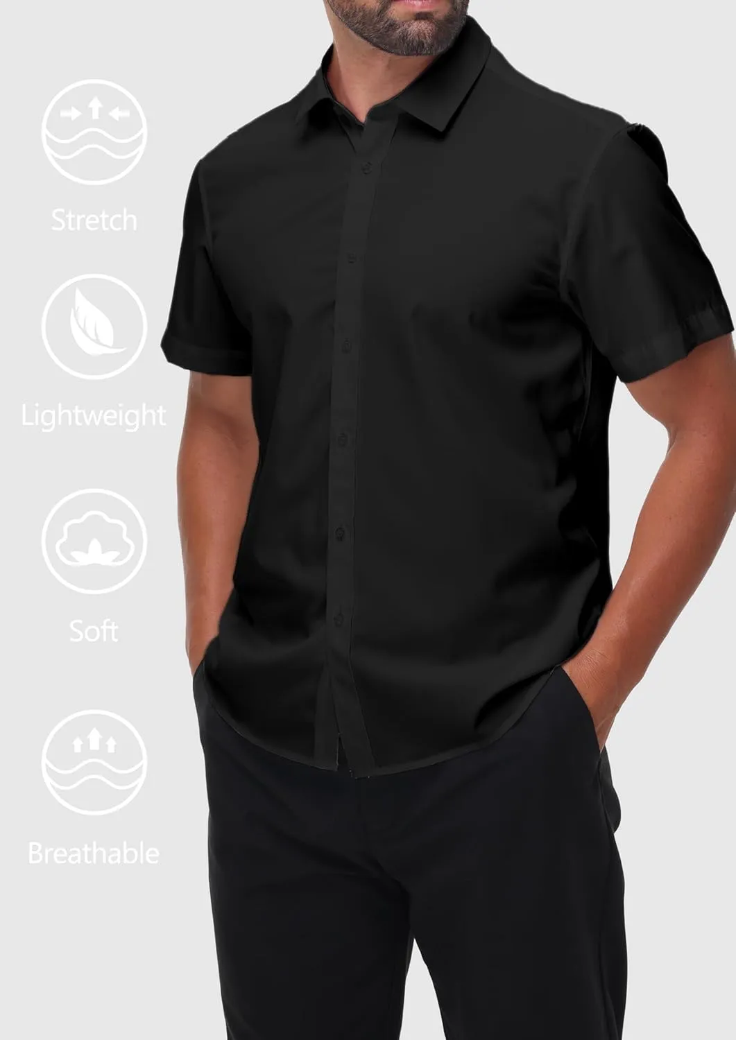 Mens Short Sleeve Dress Shirts Stretch Button Down Wrinkle Free Casual Solid Formal Shirt for Summer Business Wedding