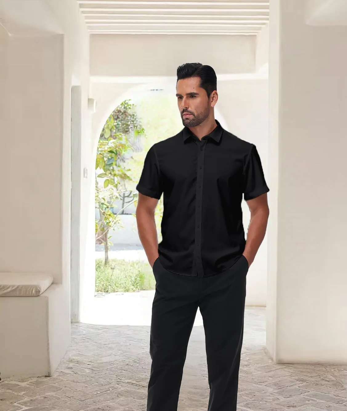 Mens Short Sleeve Dress Shirts Stretch Button Down Wrinkle Free Casual Solid Formal Shirt for Summer Business Wedding