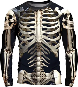 Mens Skeleton Shirt Long Sleeve Funny Skull Rib Cage 3D Print T Shirts Trendy Crew Neck Tshirt Holiday Party Outfits