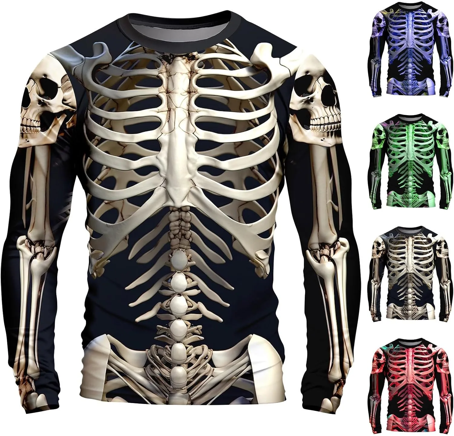Mens Skeleton Shirt Long Sleeve Funny Skull Rib Cage 3D Print T Shirts Trendy Crew Neck Tshirt Holiday Party Outfits
