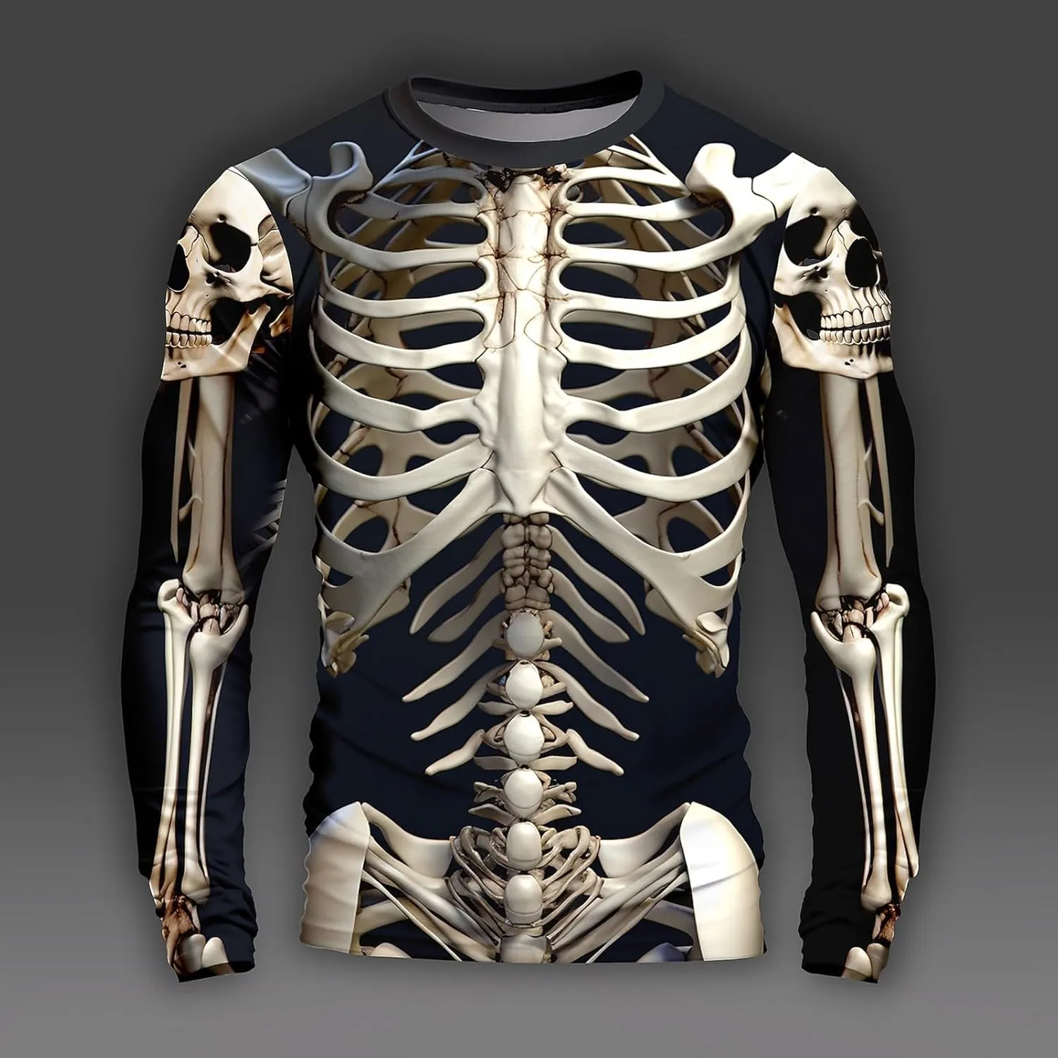Mens Skeleton Shirt Long Sleeve Funny Skull Rib Cage 3D Print T Shirts Trendy Crew Neck Tshirt Holiday Party Outfits