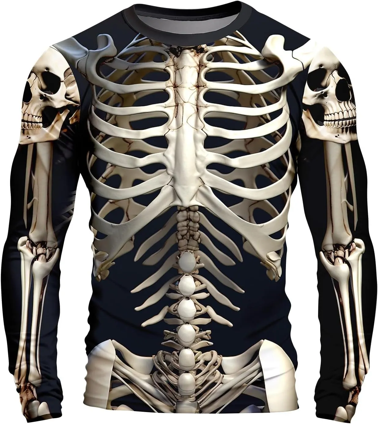 Mens Skeleton Shirt Long Sleeve Funny Skull Rib Cage 3D Print T Shirts Trendy Crew Neck Tshirt Holiday Party Outfits