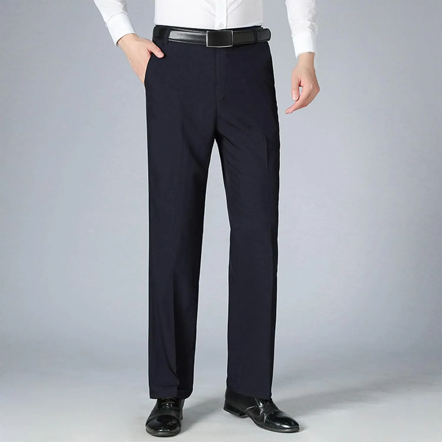 Men's Slim Fit Dress Pants for Office Business Casual Gray Trousers with Belt Loop Wide Legs and Pleated Front
