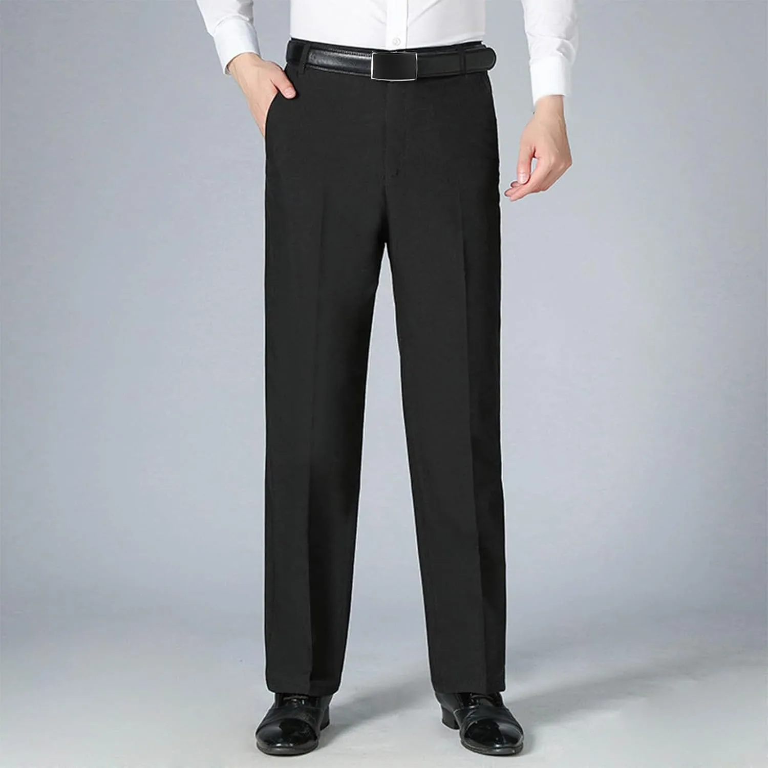 Men's Slim Fit Dress Pants for Office Business Casual Gray Trousers with Belt Loop Wide Legs and Pleated Front