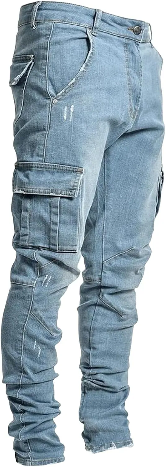 Men's Slim Fit Stretch Jeans Distressed Straight Leg Skinny Jeans for Men Casual Stylish Hiphop Denim Pants Cargo Pants