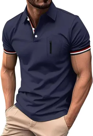 Men's Urban Polo Shirt Short Sleeve Zip Pocket Stand Collar Quick Dry Athletic Top Stylish Casual Summer Streetwear Tee