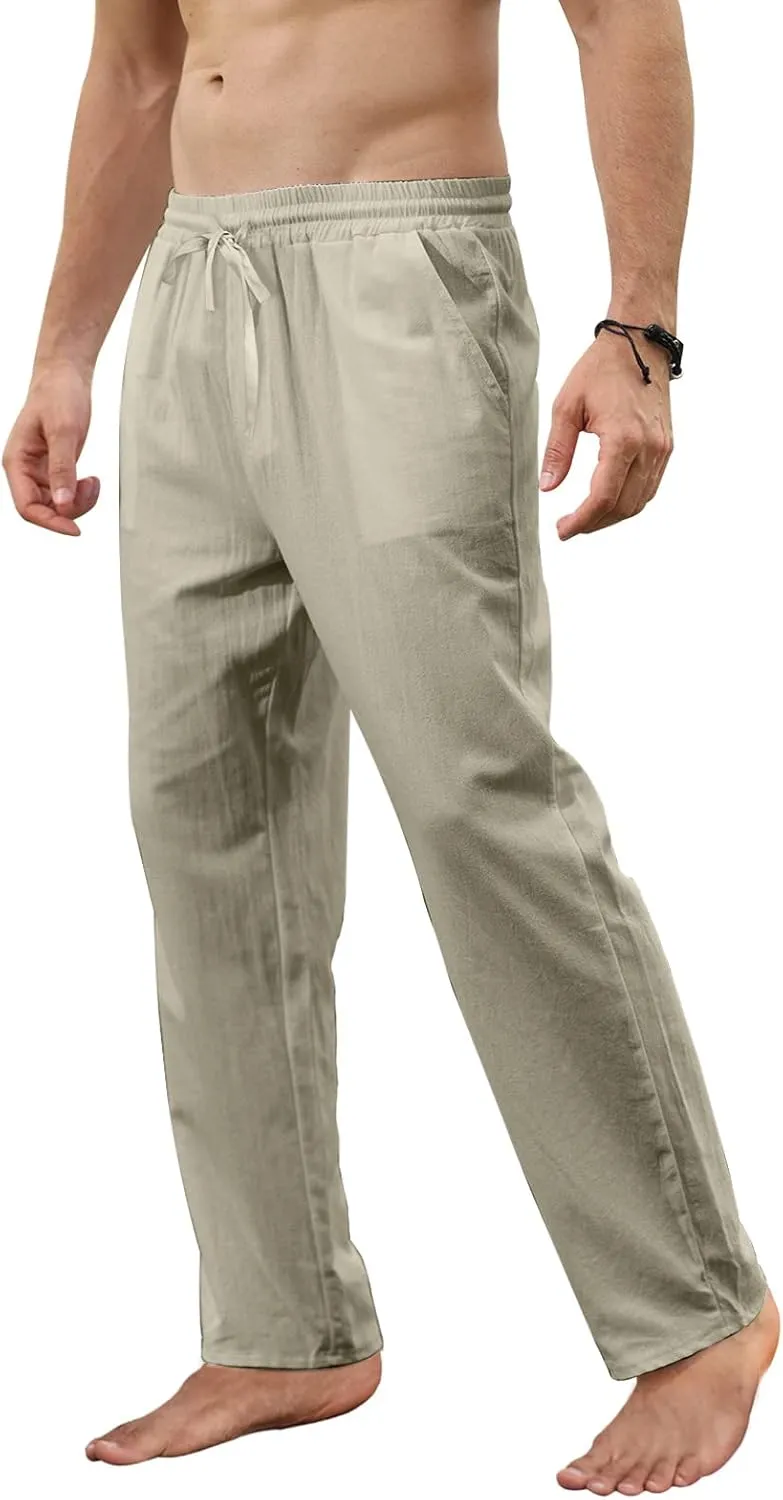 MorwenVeo Men's Linen Pants Casual Drawstring Yoga Beach Trousers Lightweight Loose Fit Elastic Waist Summer Pant