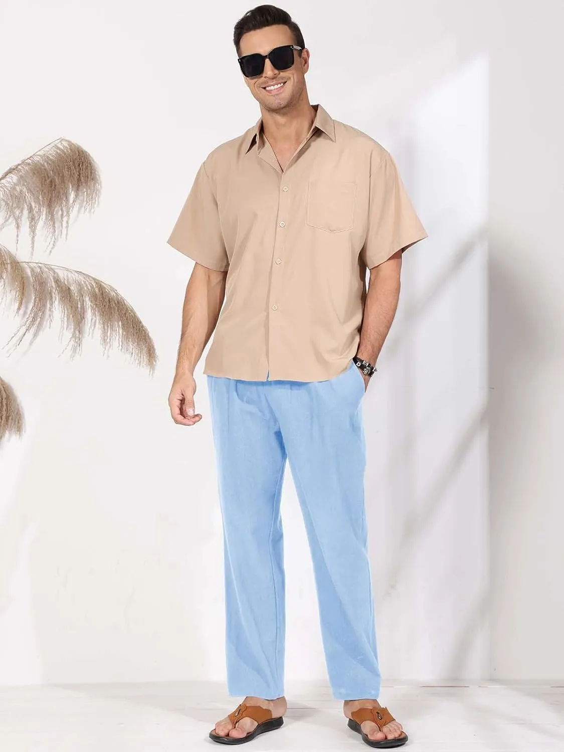 MorwenVeo Men's Linen Pants Casual Drawstring Yoga Beach Trousers Lightweight Loose Fit Elastic Waist Summer Pant