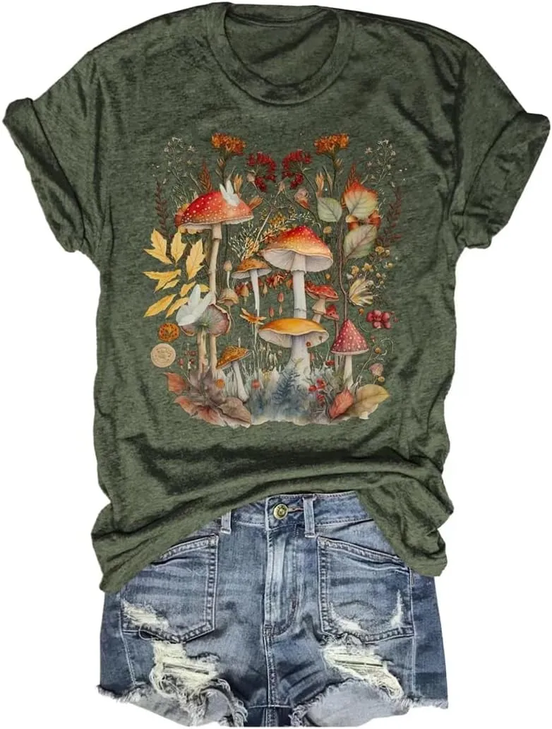 Mushroom T-Shirt for Women Funny Cute Vintage Mushroom Graphic Tees Tops