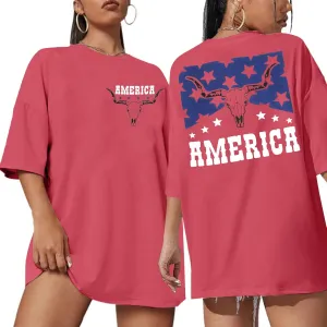 MYHALF American Flag Shirt Womens Western Cow Skull Tshirt USA Patriotic Tee 4th of July Shirts Vintage Oversize Tops