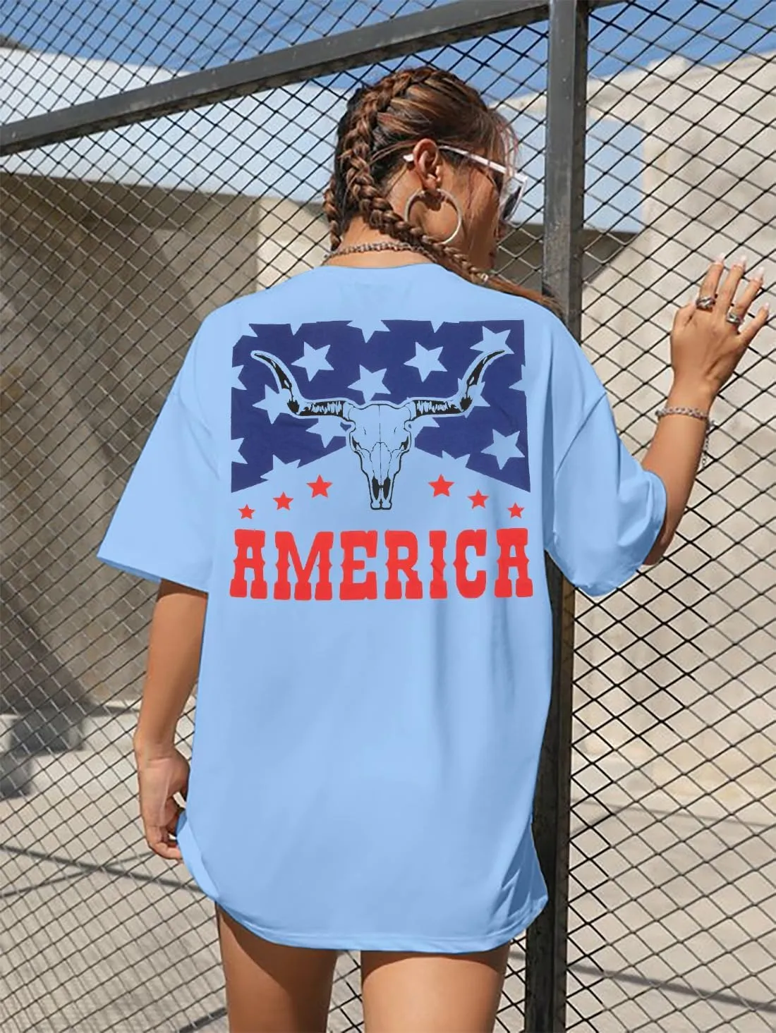 MYHALF American Flag Shirt Womens Western Cow Skull Tshirt USA Patriotic Tee 4th of July Shirts Vintage Oversize Tops