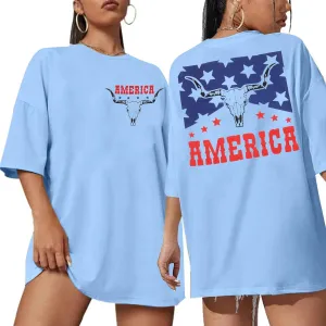 MYHALF American Flag Shirt Womens Western Cow Skull Tshirt USA Patriotic Tee 4th of July Shirts Vintage Oversize Tops