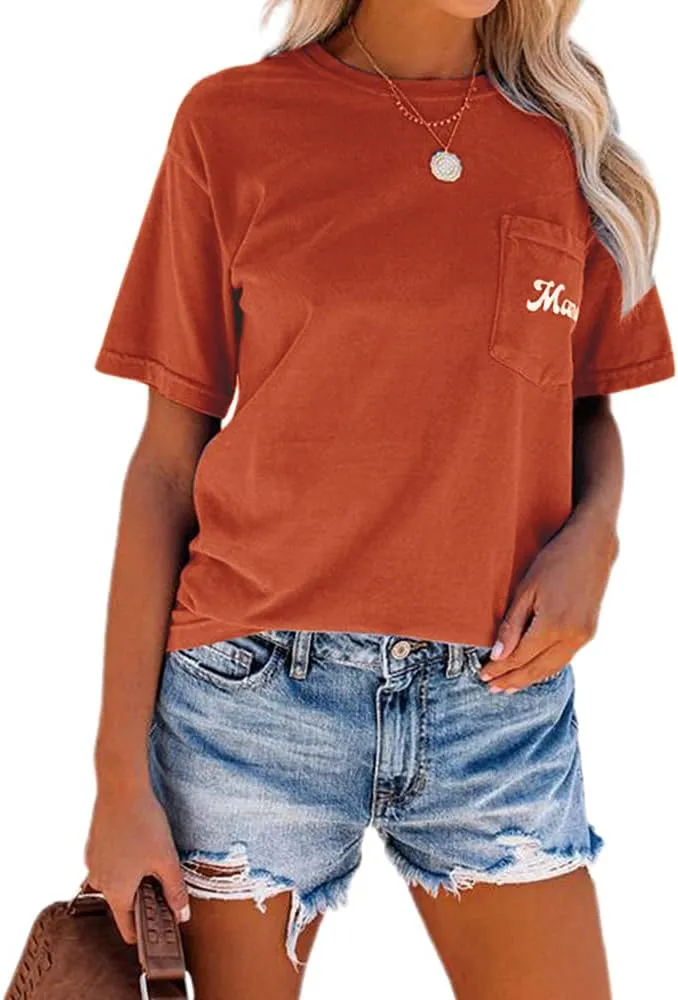 NIUBIA Women's Letter Print Basic Crew Neck Tee Summer Short Sleeve T-Shirt with Pockets Loose Fitting Tops
