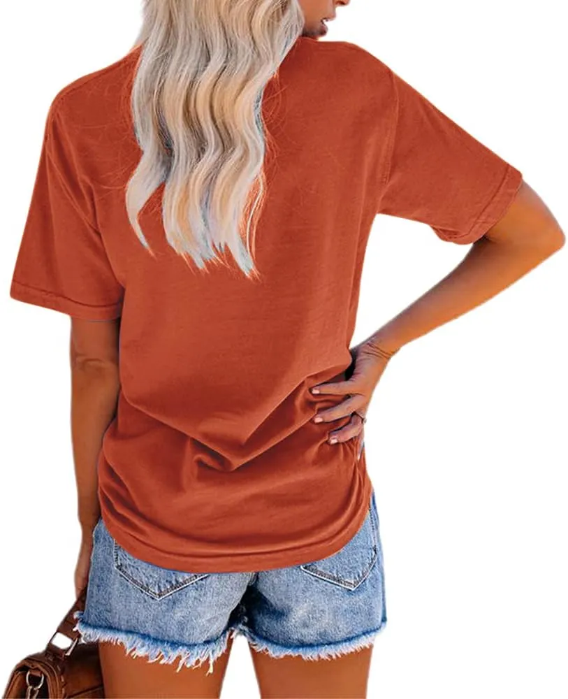 NIUBIA Women's Letter Print Basic Crew Neck Tee Summer Short Sleeve T-Shirt with Pockets Loose Fitting Tops