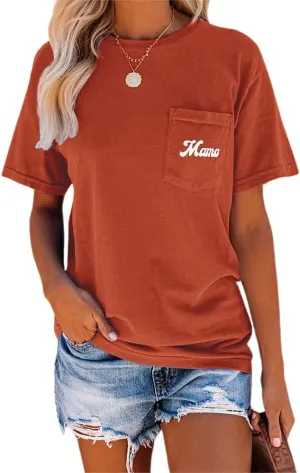 NIUBIA Women's Letter Print Basic Crew Neck Tee Summer Short Sleeve T-Shirt with Pockets Loose Fitting Tops
