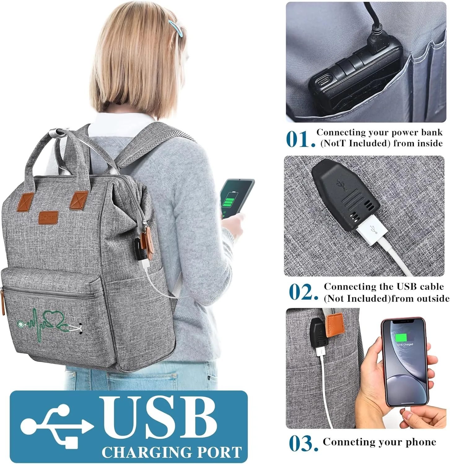 Nurse Gifts for Women, Nurse Backpack/15.6 Inch Laptop Backpack/Nursing Bag for Work/Home Health Medical Clinical Bag, Large Grey Modern Waterproof Clinical Backpack with USB Charging Port (Style 4)