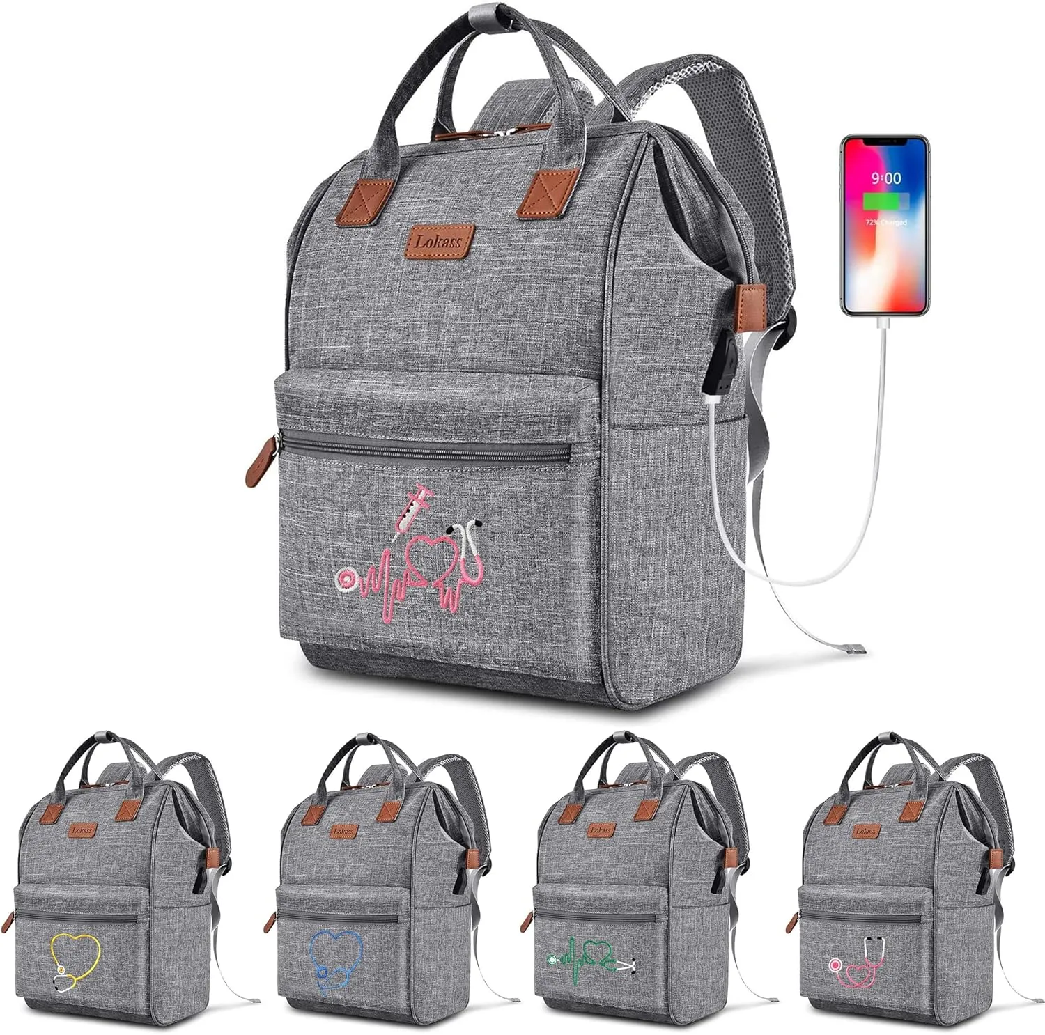 Nurse Gifts for Women, Nurse Backpack/15.6 Inch Laptop Backpack/Nursing Bag for Work/Home Health Medical Clinical Bag, Large Grey Modern Waterproof Clinical Backpack with USB Charging Port (Style 4)