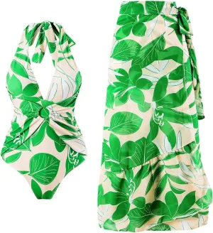 ODASDO Women One Piece Swimsuit with Beach Cover Ups Wrap Skirt Sarong Retro Floral Print Bathing Suit Vacation Beachwear