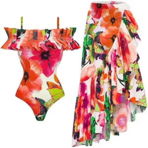 ODASDO Women One Piece Swimsuit with Beach Cover Ups Wrap Skirt Sarong Retro Floral Print Bathing Suit Vacation Beachwear