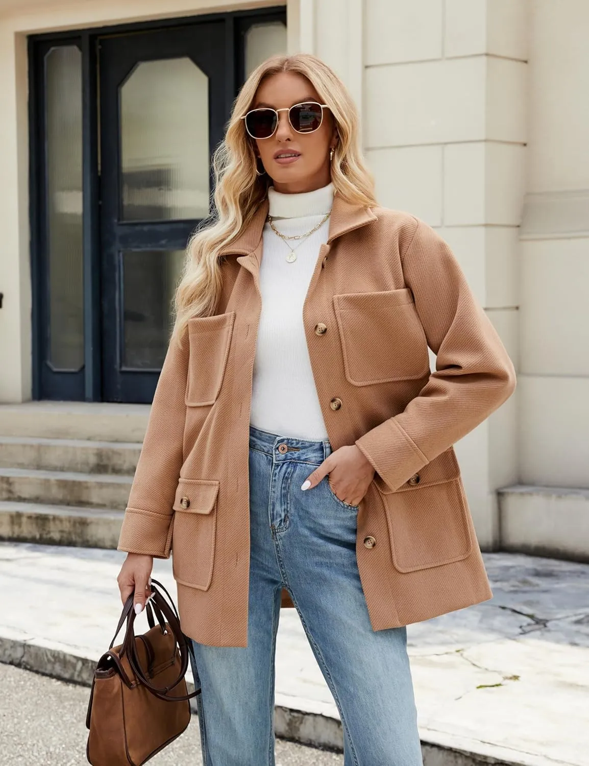 Omoone 2024 Winter Elegant Womens Pea Coat Mid Long Wool Coat Wool Blend Trench Coat with Pockets