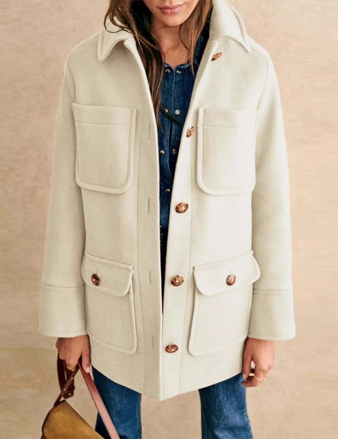 Omoone 2024 Winter Elegant Womens Pea Coat Mid Long Wool Coat Wool Blend Trench Coat with Pockets