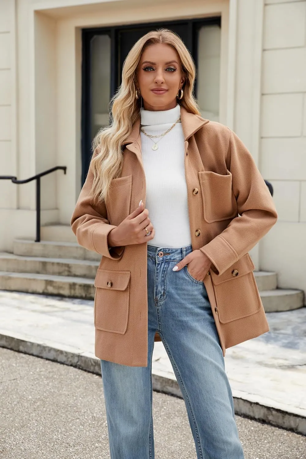 Omoone 2024 Winter Elegant Womens Pea Coat Mid Long Wool Coat Wool Blend Trench Coat with Pockets