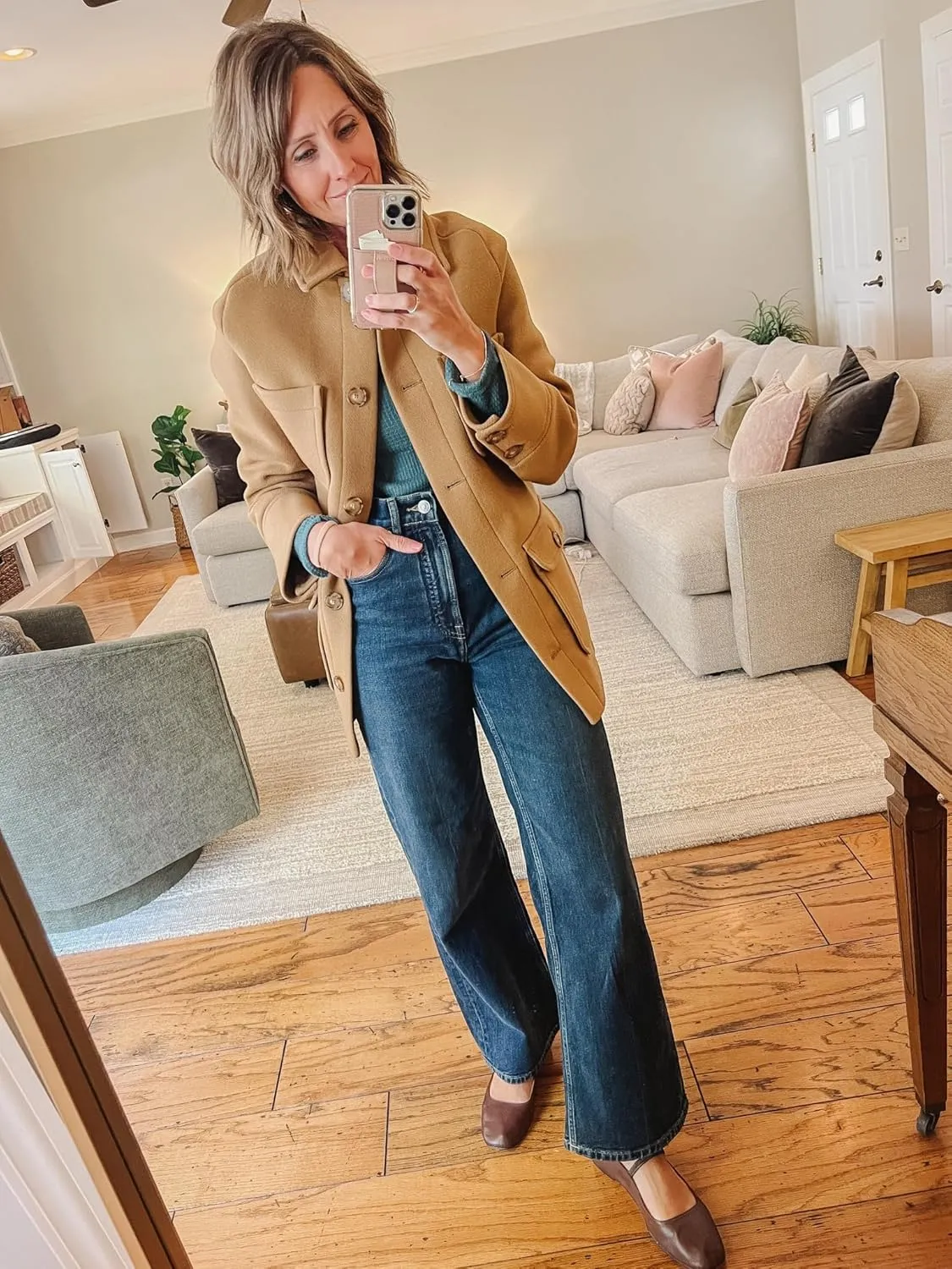 Omoone 2024 Winter Elegant Womens Pea Coat Mid Long Wool Coat Wool Blend Trench Coat with Pockets