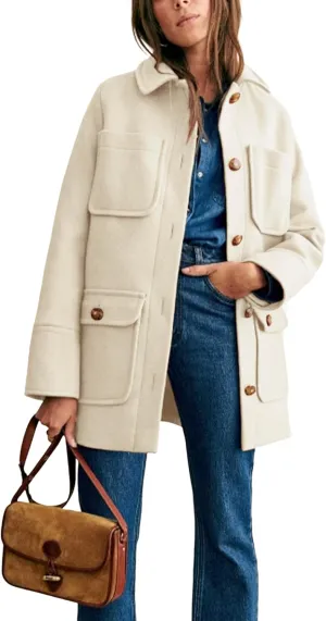 Omoone 2024 Winter Elegant Womens Pea Coat Mid Long Wool Coat Wool Blend Trench Coat with Pockets