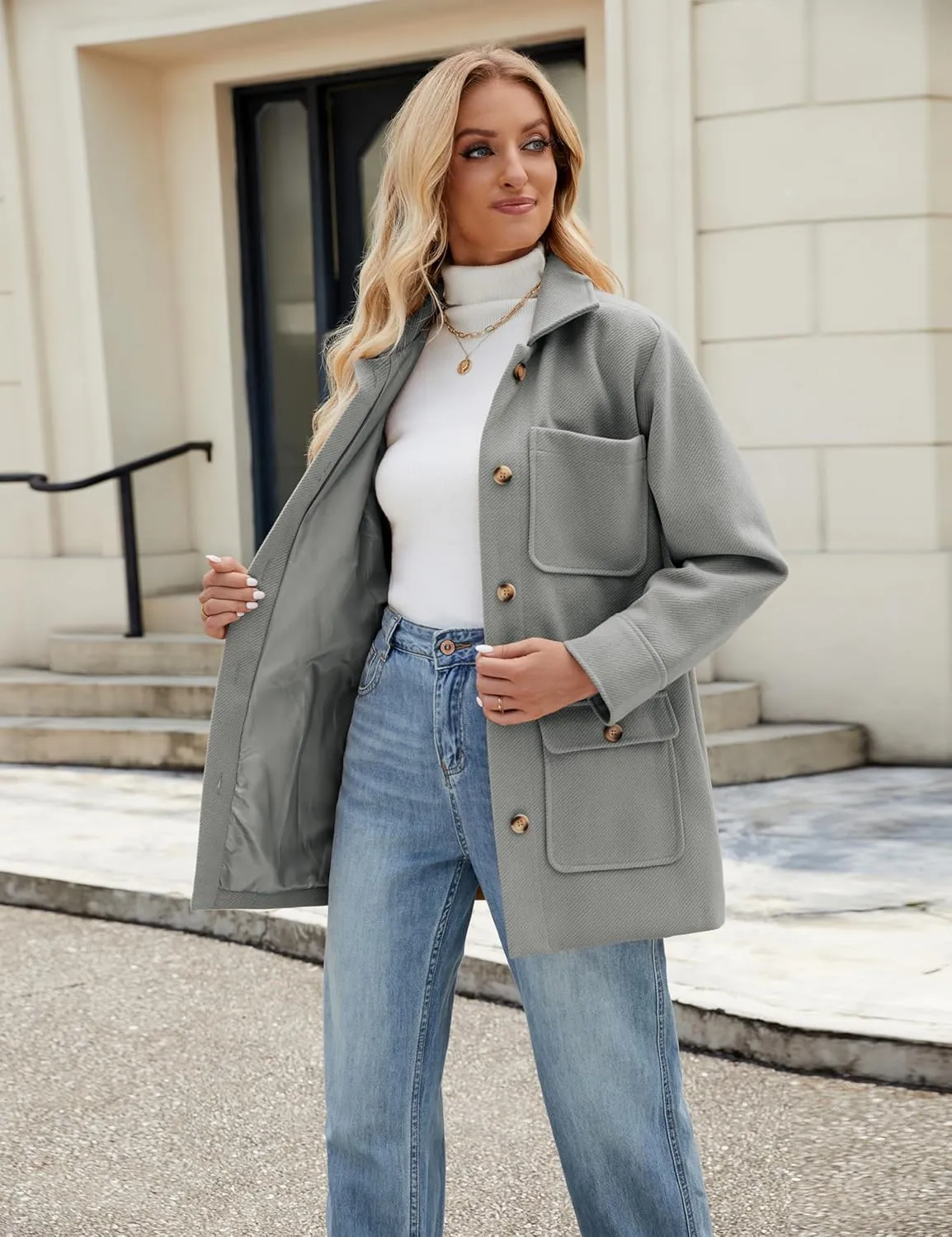 Omoone 2024 Winter Elegant Womens Pea Coat Mid Long Wool Coat Wool Blend Trench Coat with Pockets