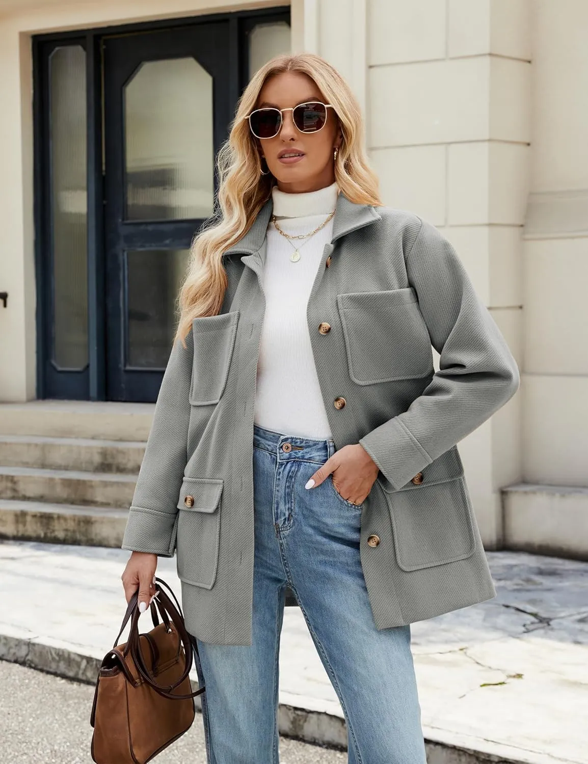 Omoone 2024 Winter Elegant Womens Pea Coat Mid Long Wool Coat Wool Blend Trench Coat with Pockets