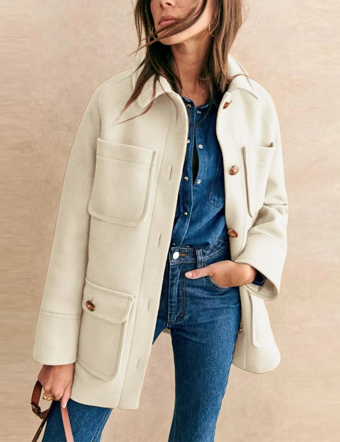 Omoone 2024 Winter Elegant Womens Pea Coat Mid Long Wool Coat Wool Blend Trench Coat with Pockets