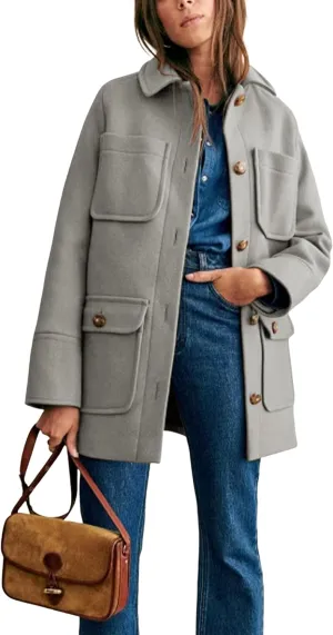 Omoone 2024 Winter Elegant Womens Pea Coat Mid Long Wool Coat Wool Blend Trench Coat with Pockets