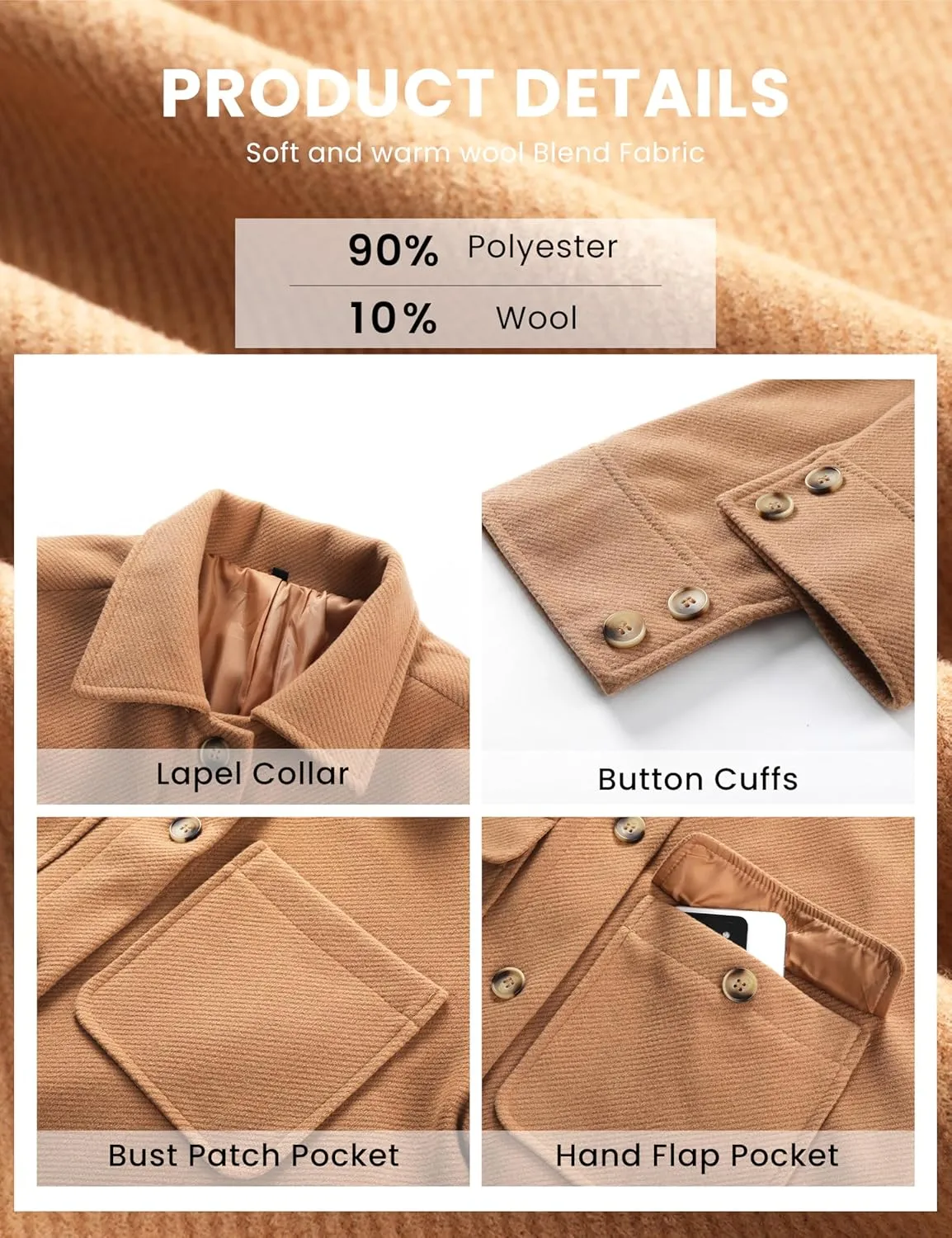 Omoone 2024 Winter Elegant Womens Pea Coat Mid Long Wool Coat Wool Blend Trench Coat with Pockets