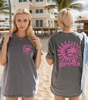 Oversized Summer Vibes Shirt for Women Hawaiian Beach Vacation Party Tee Tops Vintage Sunshine Coconut Tree Graphic Top