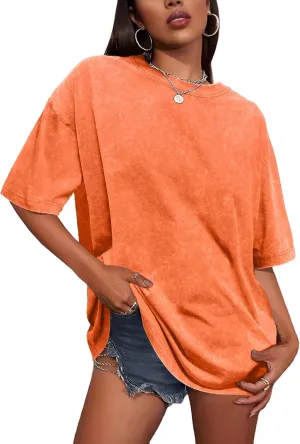 Oversized Tshirts for Women Short Sleeve Crew Neck Vintage Washed Basic Loose Casual Tees
