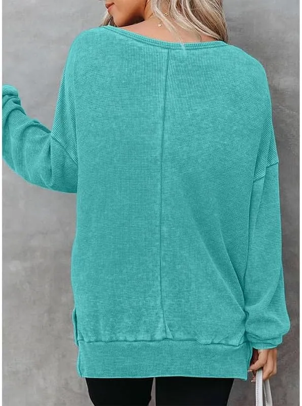 Oversized Waffle Knit Sweatshirt for Women Split Hem Sweater Long Sleeve Crewneck Shirts Casual Loose Pullover Tops