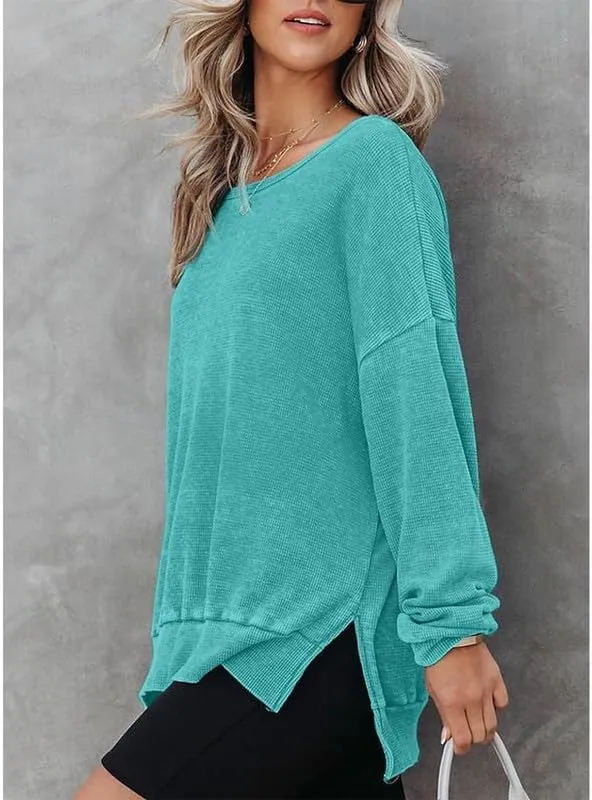 Oversized Waffle Knit Sweatshirt for Women Split Hem Sweater Long Sleeve Crewneck Shirts Casual Loose Pullover Tops