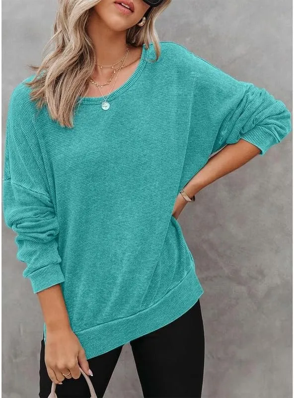 Oversized Waffle Knit Sweatshirt for Women Split Hem Sweater Long Sleeve Crewneck Shirts Casual Loose Pullover Tops