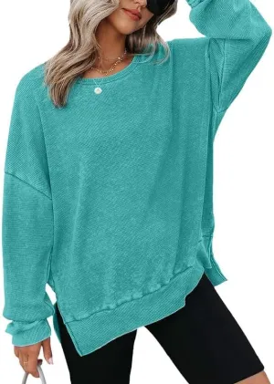 Oversized Waffle Knit Sweatshirt for Women Split Hem Sweater Long Sleeve Crewneck Shirts Casual Loose Pullover Tops