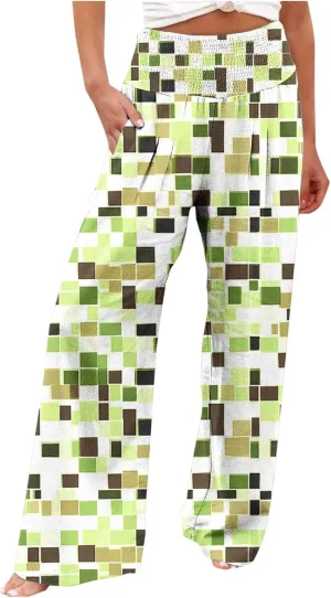 Palazzo Cotton Linen Pants Women Novelty Graphic Elastic High Waist Straight Leg Trousers Summer Casual Beach Pant