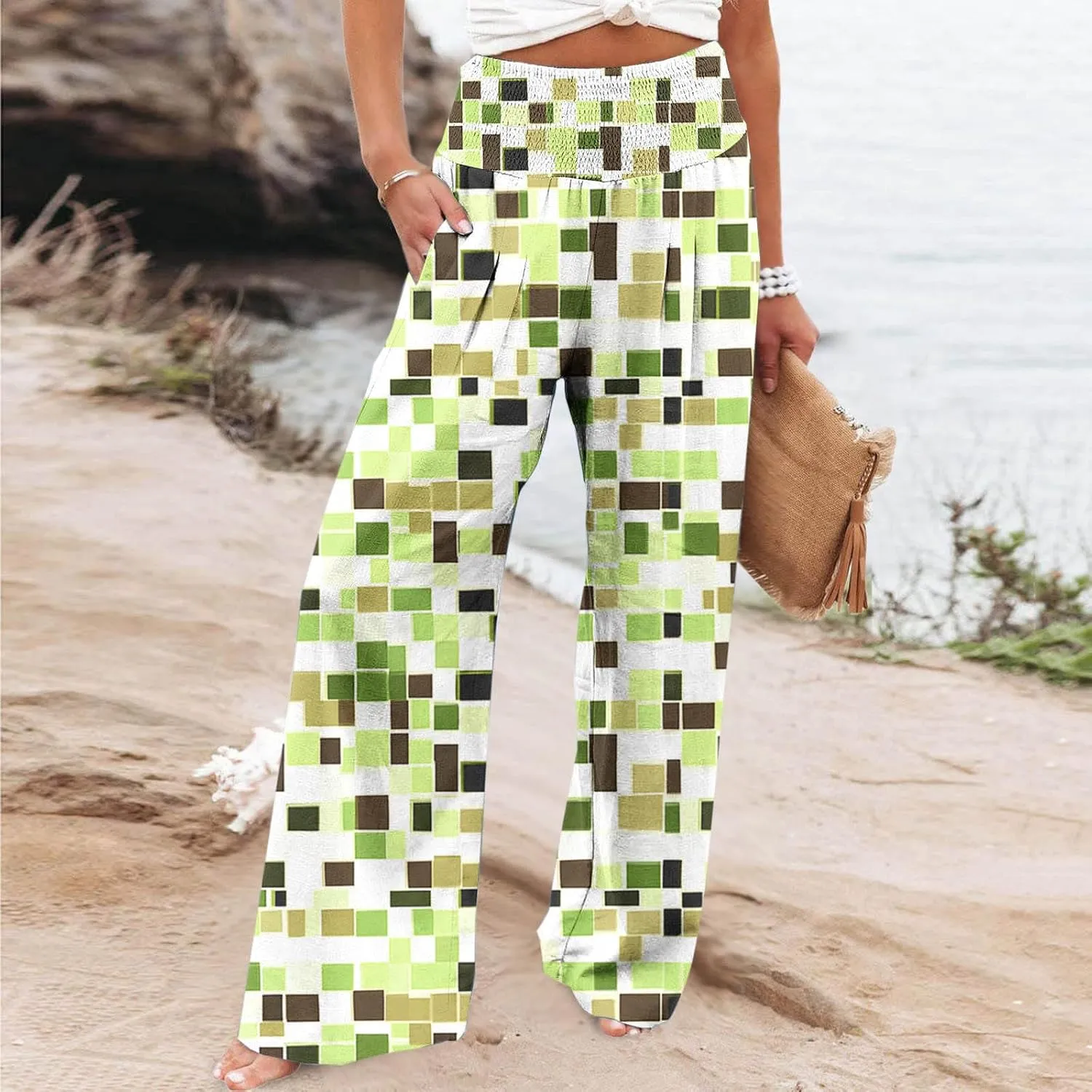 Palazzo Cotton Linen Pants Women Novelty Graphic Elastic High Waist Straight Leg Trousers Summer Casual Beach Pant