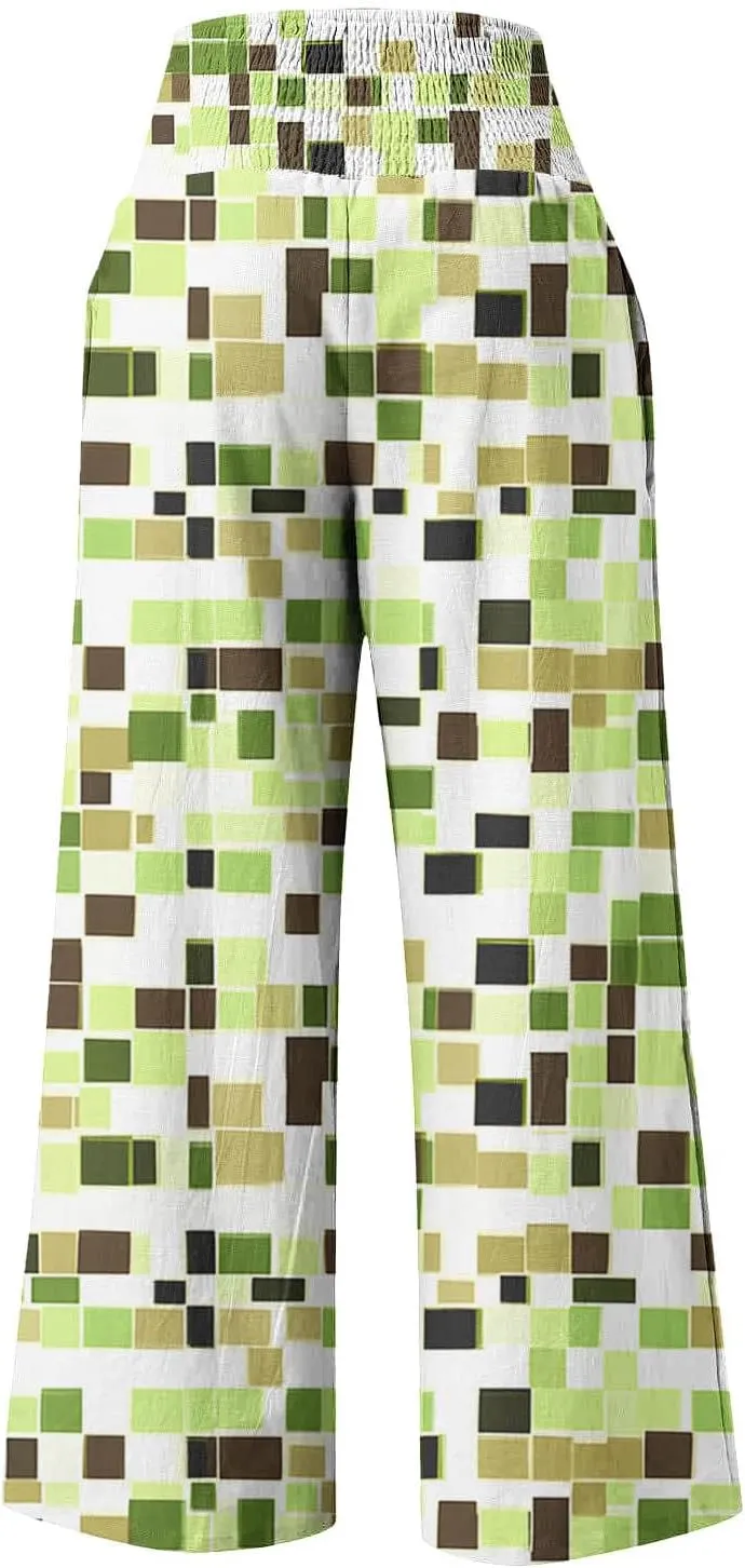 Palazzo Cotton Linen Pants Women Novelty Graphic Elastic High Waist Straight Leg Trousers Summer Casual Beach Pant
