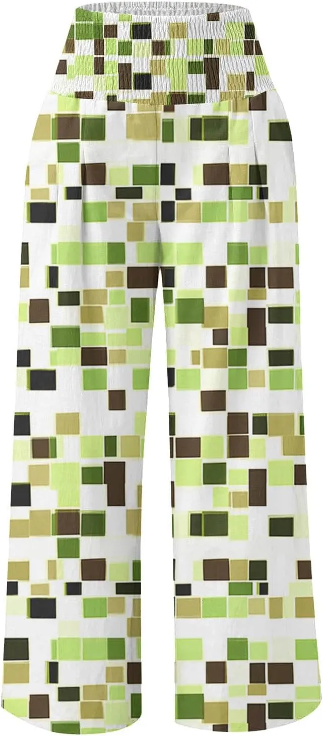 Palazzo Cotton Linen Pants Women Novelty Graphic Elastic High Waist Straight Leg Trousers Summer Casual Beach Pant