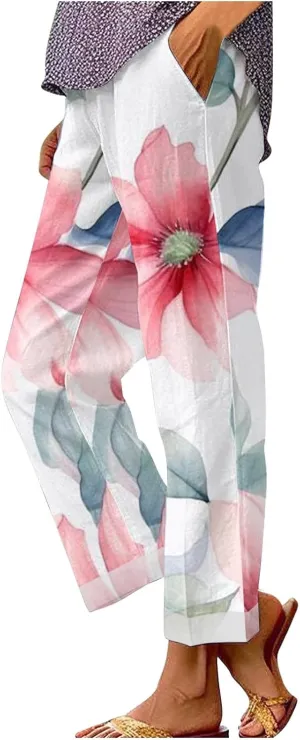 Palazzo Pants Women High Waist Wide Leg Printed Linen Pants Plus Size Summer Beach Trousers Flowy Comfy Lounge Pants