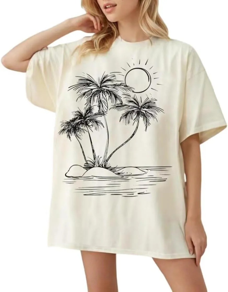 Palm Tree Beach Oversized T Shirt Womens Funny Summer Hawaiian Beach Graphic Shirts Trendy Tropical Vacation Tee Tops